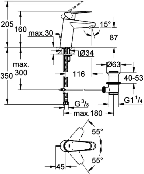 Смеситель для раковины Grohe Eurodisc Cosmopolitan 33190 (детальная фотография), для раковины