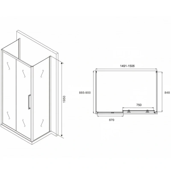 Душевой уголок Abber Schwarzer Diamant 150x90 см профиль хром, стекло прозрачное AG30150H-S90-S90 (детальная фотография), прямоугольные