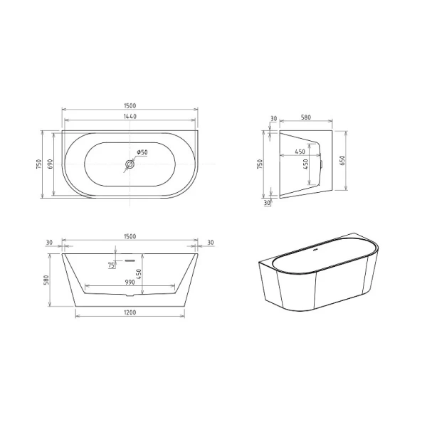Ванна акриловая Royal Bath Riva RB610210CH, 150 x 75 см, цвет белый (детальная фотография), акриловые