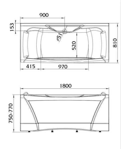 Ванна акриловая 1MarKa Dolche Vita, 180 х 80 см, со стеклом, цвет белый, 01дов1880 (детальная фотография), 180х80