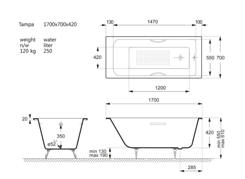 Чугунная ванна Vinsent Veron Tampa VTP1707042H/E60327CH-AS, 170 x 70 см, с антискользящим покрытием, ручки хром, цвет белый (детальная фотография), современныe, hi-tech