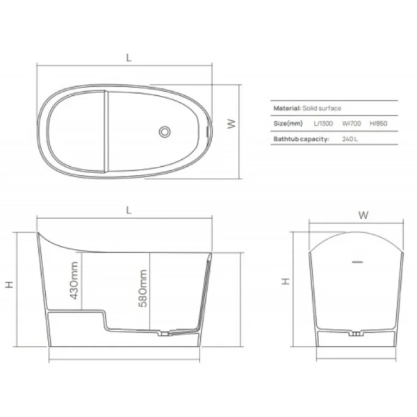 Ванна DEA Design Single DD8700 1300 18, 130 х 70 см, искусственный камень, цвет белый матовый (детальная фотография), искусственный камень