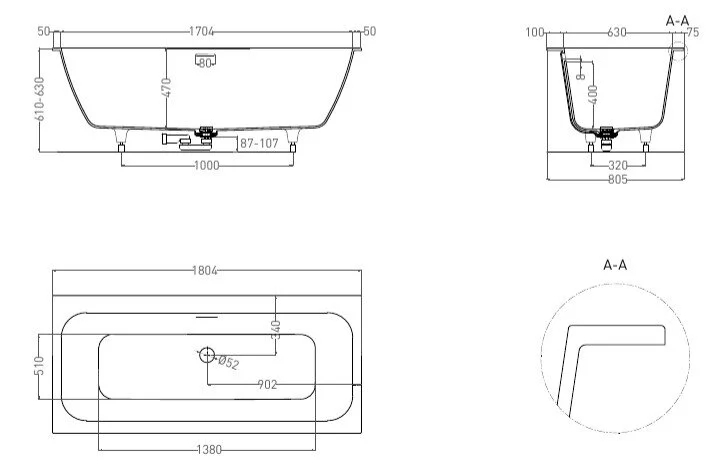 Ванна из искусственного камня Salini Orlanda Axis Kit 180x80 см белый матовый 103312M (детальная фотография), прямоугольные