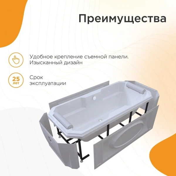 Акриловая ванна Fra Grande Фернандо 4-01-2-0-1-422, 190 x 90 см, рама-подставка на декоративных ножках, комплект панелей, подголовник - 2 шт., белая/хром (детальная фотография), белые