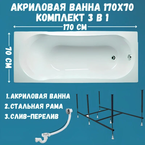 Ванна акриловая 1MarKa Libra 01ли1770кс2+, 170 x 70 см, цвет белый (детальная фотография), белые