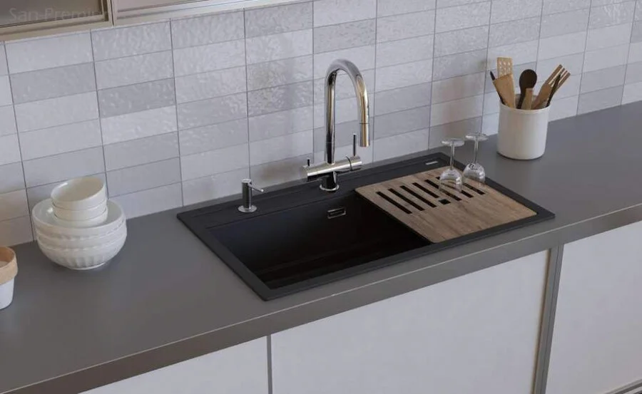 Мойка для кухни Omoikiri Kitagawa 100-GR 100 см Leningrad Grey 4993788 (детальная фотография), прямоугольной формы