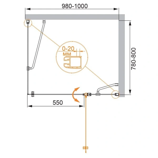 Душевой уголок Cezares Elena 100x80 см правый рифленое стекло ELENA-W-AH-1-100/80-P-Cr-R (детальная фотография), хром