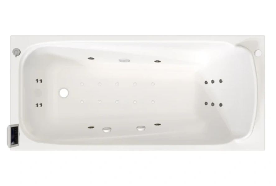 Гидромассажная ванна Радомир Роза 2-83-2-0-9-208Р, 169 x 77 см, рама-подставка разборная, фронтальный экран скандинавского вида, сифон, слив-перелив автомат, гидромассаж Люкс хром КУ 500, белая (детальная фотография), 170х80