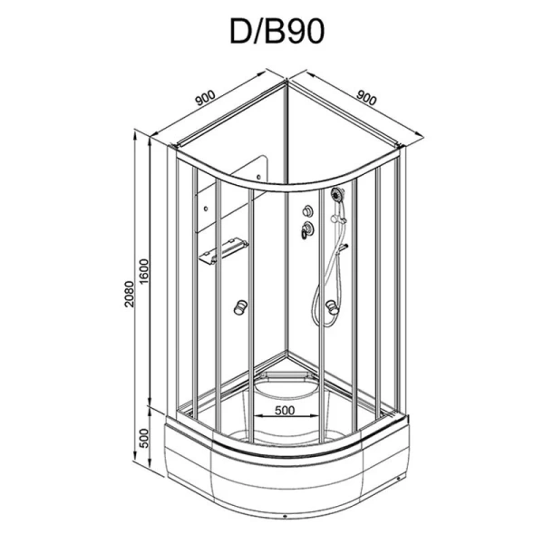 Душевая кабина Deto B 90х90 см без крыши B90BLACK (детальная фотография), полукруглые, четверть круга