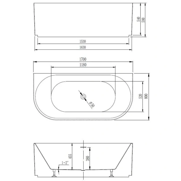 Ванна акриловая Vincea VBT-427-1700, 170 x 80 см, щелевой перелив, цвет белый (детальная фотография), акриловые