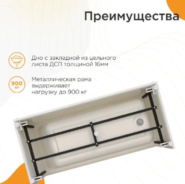 Акриловая ванна Радомир Дижон 2-78-0-0-1-263Р, 160 х 70 см, фронтальный экран, каркас разборный в комплекте, белая (детальная фотография), прямоугольные