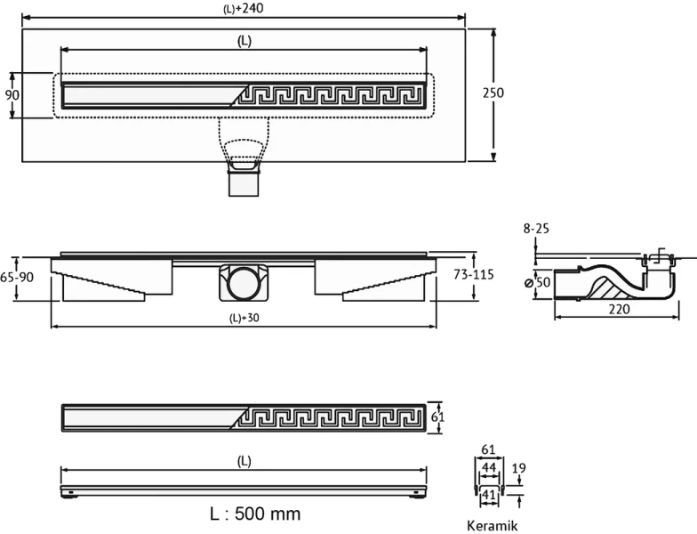 Душевой лоток BERGES B1 Keramik 50 см хром матовый 090116 (детальная фотография), матовый хром index_1