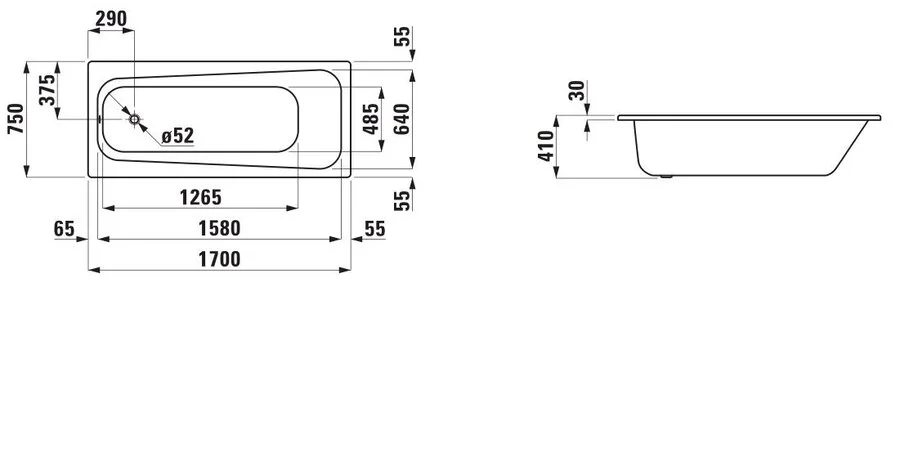 Ванна стальная Laufen Pro 170х75 см с отверстиями для ручек 2.2595.3.000.040.1 (детальная фотография), прямоугольные