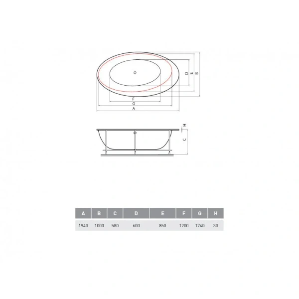 Ванна акриловая Vayer Boomerang 194.100.045.1-4.0.3.0 F, 194 х 100 см, с панелью Гл000010198 (детальная фотография), овальные