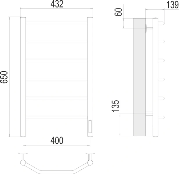 Полотенцесушитель электрический Terminus Виктория П6 400х650 хром 4670078531186 (детальная фотография), современные, hi-tech