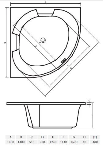 Ванна акриловая Vayer Bryza 140 х 140 см Гл000006820 (детальная фотография), акриловые