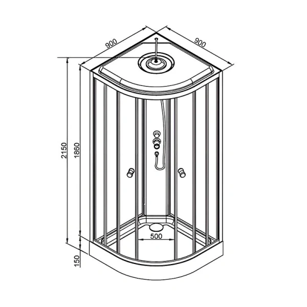 Душевая кабина Deto LM 90x90 см с подсветкой LM909EL (детальная фотография), полукруглые, четверть круга