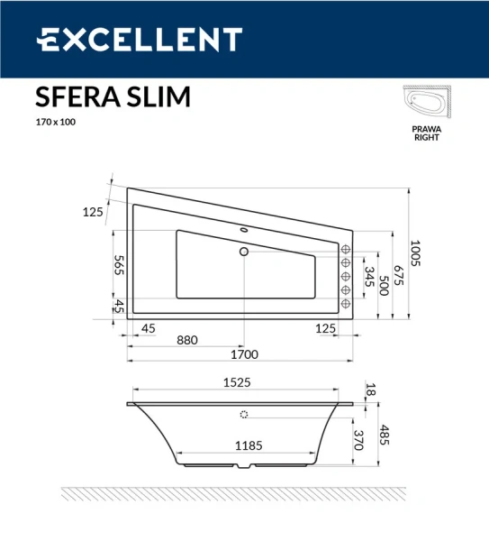 Ванна акриловая Excellent Sfera Slim WAEX.SFL/P17WHS 170 х 100 см, левая/правая WAEX.SFL17WHS (детальная фотография), асимметричные