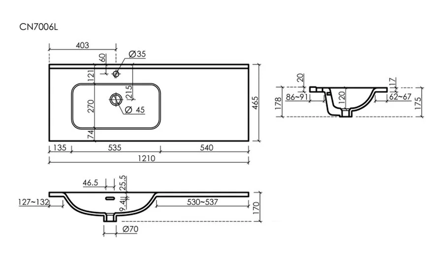 Раковина Ceramica Nova Element 121 см правая CN7006R (детальная фотография), современные, hi-tech