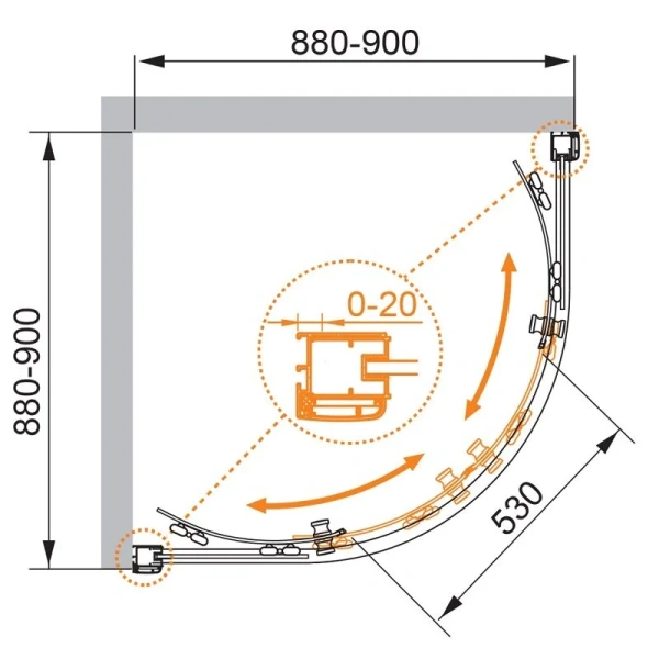 Душевой уголок Cezares Anima 90x90 см рифленое стекло ANIMA-W-R-2-90-P-Cr (детальная фотография), полукруглые, четверть круга
