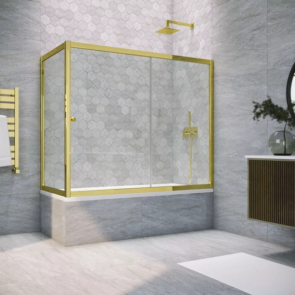 Душевая шторка на ванную профиль золотой стекло прозрачное Vegas-glass ZV+ZVF 170*90 09 01 (детальная фотография)