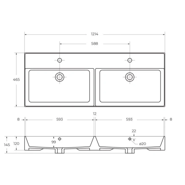 Раковина мебельная Cezares 120 см двойная CZR-MIL-120-2-LVB (детальная фотография), нет в наличии