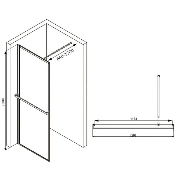 Душевая перегородка Abber Immer Offen 120 см профиль черный AG60120B (детальная фотография), современные, hi-tech