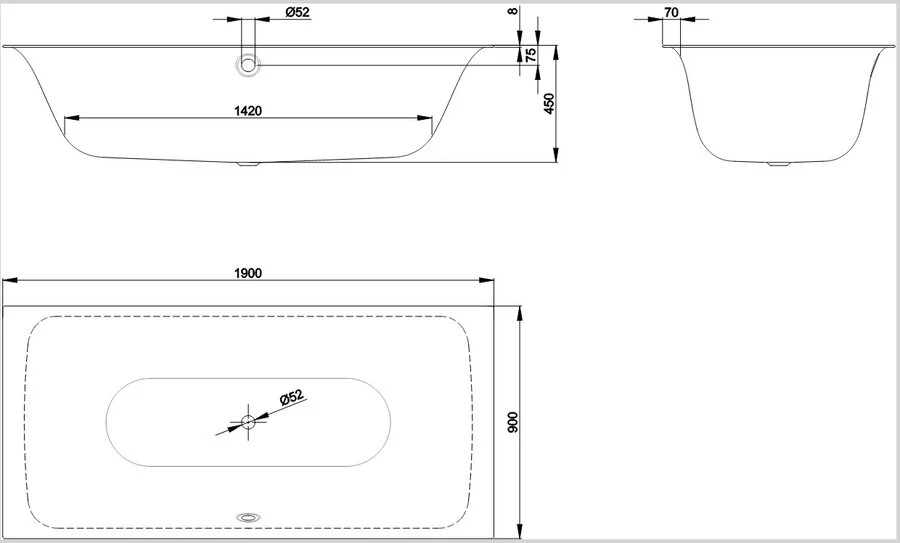Ванна стальная Bette Lux 190 x 90 х 45 см, с шумоизоляцией, для удлиненного слива-перелива, белый, 3442-000 (детальная фотография), 190х90