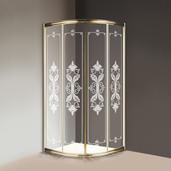 Душевой уголок Cezares Giubileo 80х80 см стекло прозрачное с узором профиль золото GIUBILEO-R-2-80-SCORREVOLE-CP-G (детальная фотография), полукруглые, четверть круга