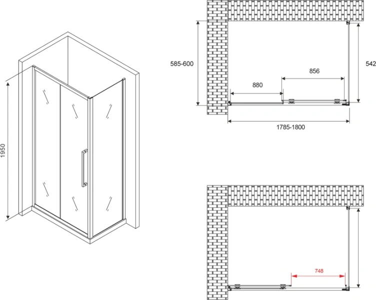 Душевой уголок Abber Schwarzer Diamant 180x60 см профиль черный, стекло прозрачное AG30180BH-S60B (детальная фотография), стеклянные, угловые, без поддона