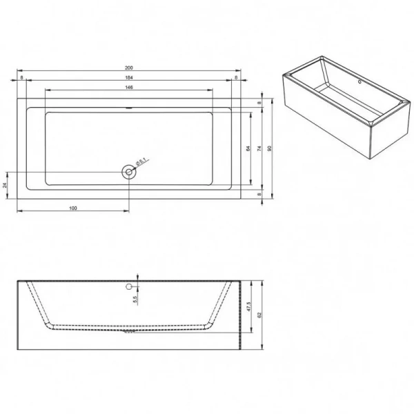 Акриловая ванна Riho Lugo Plug & Play B137014005/B137015005, 200 x 90 см, левая/правая, цвет белый (детальная фотография), акриловые