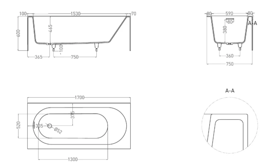 Ванна из искусственного камня Salini Fabia 170x75 см белая матовая 102611M (детальная фотография), литьевой мрамор