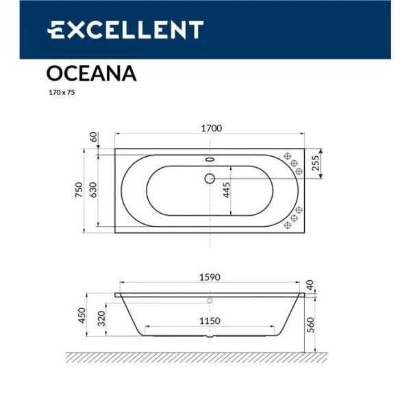 Ванна гидромассажная Excellent Oceana Nano 170 x 75 см, белый/хром, WAEX.OCE17.NANO.CR (детальная фотография), акриловые