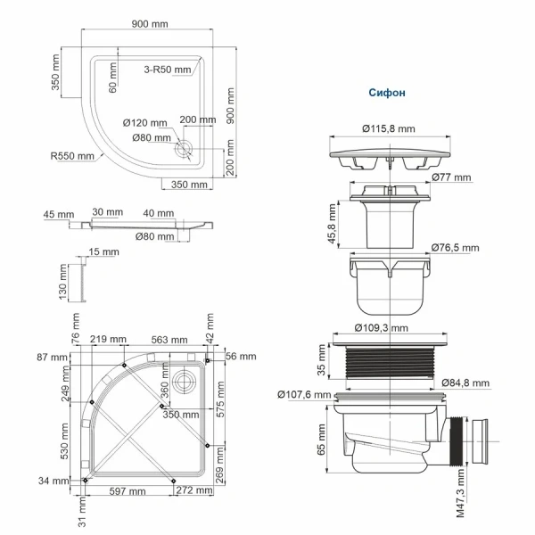 Душевой поддон WasserKRAFT Isen 90x90 см белый 26T01 (детальная фотография), акриловые