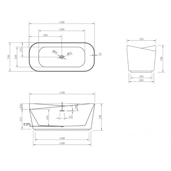 Ванна из искусственного камня Abber Stein 170x75 см отдельностоящая AS9609 (детальная фотография), искусственный камень