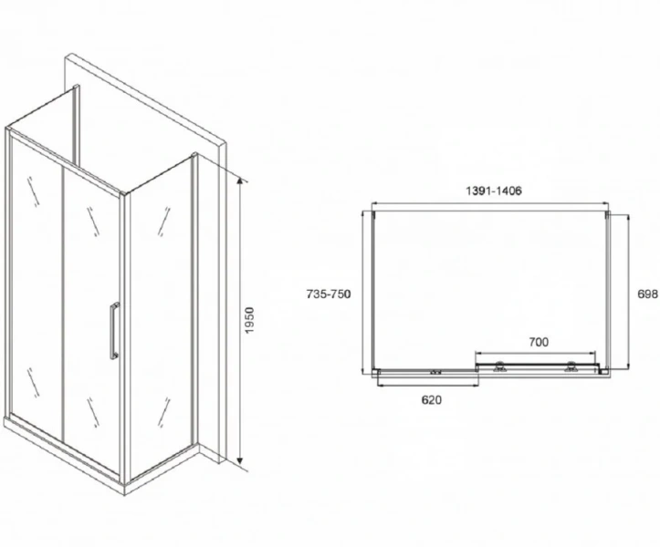 Душевой уголок Abber Schwarzer Diamant 140x75 см профиль черный AG30140BH-S75B-S75B (детальная фотография), прямоугольные