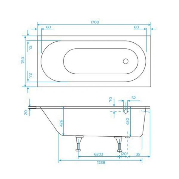 Ванна из литьевого мрамора Creto Present 170-75 см белая 21-1111 с каркасом (детальная фотография), искусственный камень