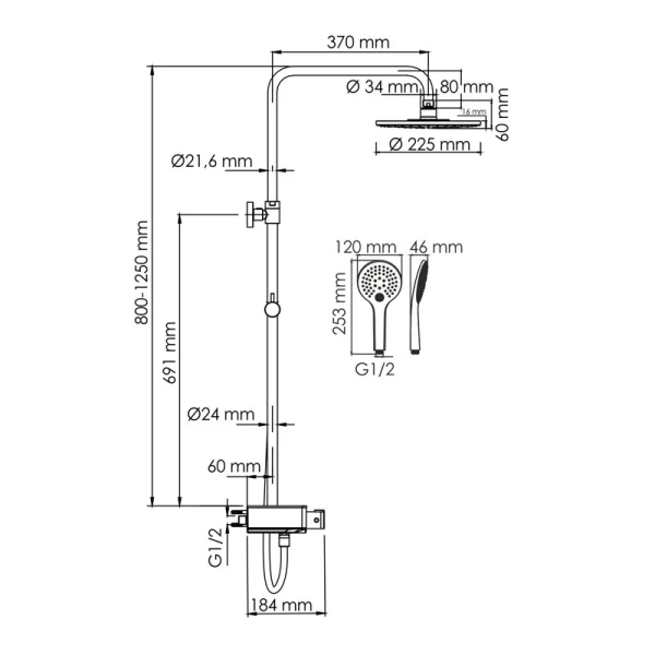 Душевая стойка WasserKRAFT Aller хром A113.067.155.CH Thermo (детальная фотография), современные, hi-tech