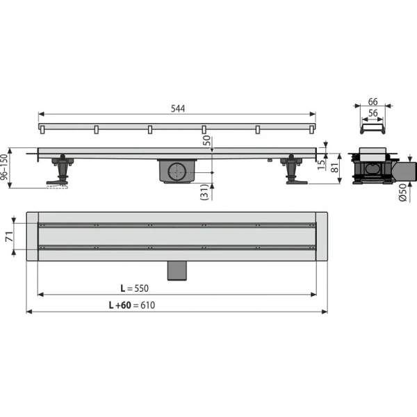 Душевой лоток Alcaplast APZ 55 см с решеткой и опорами APZ13-DOUBLE9-550 (детальная фотография), душевой лоток