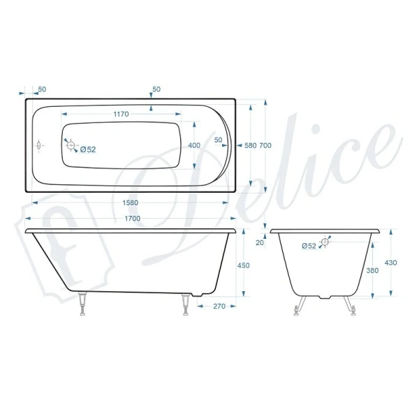 Ванна чугунная Delice Fusion 170х70 см белая DLR230647 (детальная фотография), чугунные
