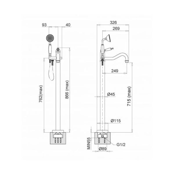 Смеситель для ванны Migliore Oxford 195 напольный (детальная фотография), классические, ретро, с кристаллами swarovski, с элементами керамики, декорированные