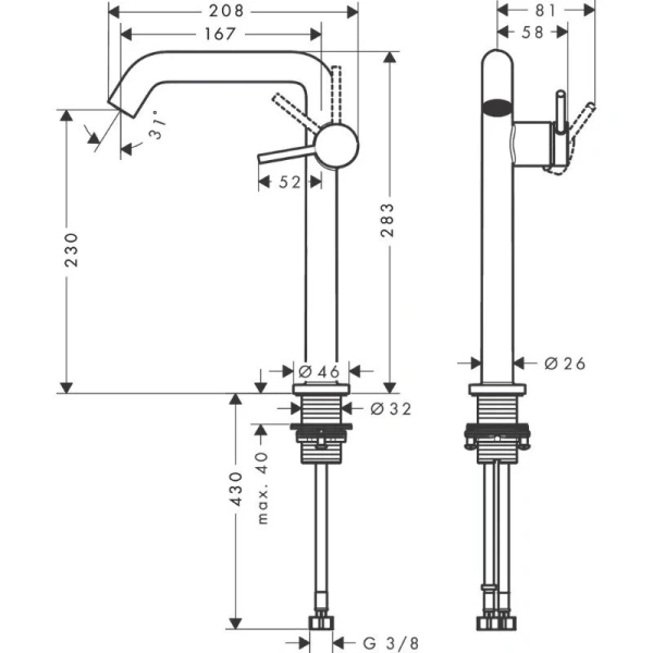 Смеситель для раковины Hansgrohe Tecturis S матовый черный 73370670 (детальная фотография), для раковины