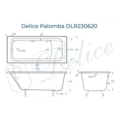 Ванна чугунная Delice Palomba 170x70 см белая DLR230620 (детальная фотография), 170x70 см