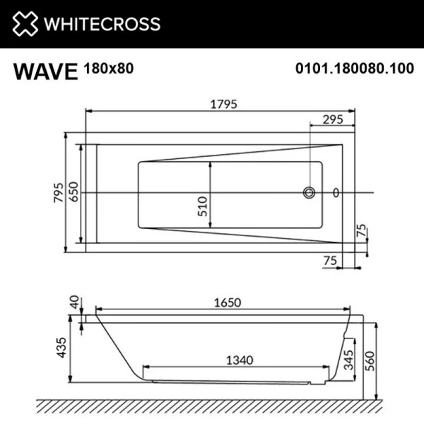 Ванна акриловая Whitecross Wave, 180 х 80 см, увеличенная толщина акрила, усиленная армировка, 0101.180080.100 (детальная фотография), акриловые