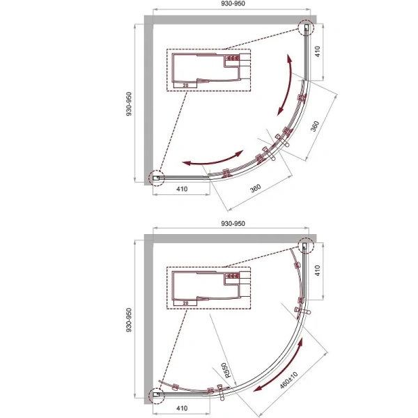 Душевой уголок BelBagno Uno-195 95х95 см стекло прозрачное UNO-195-R-2-95-C-Cr (детальная фотография), полукруглые, четверть круга