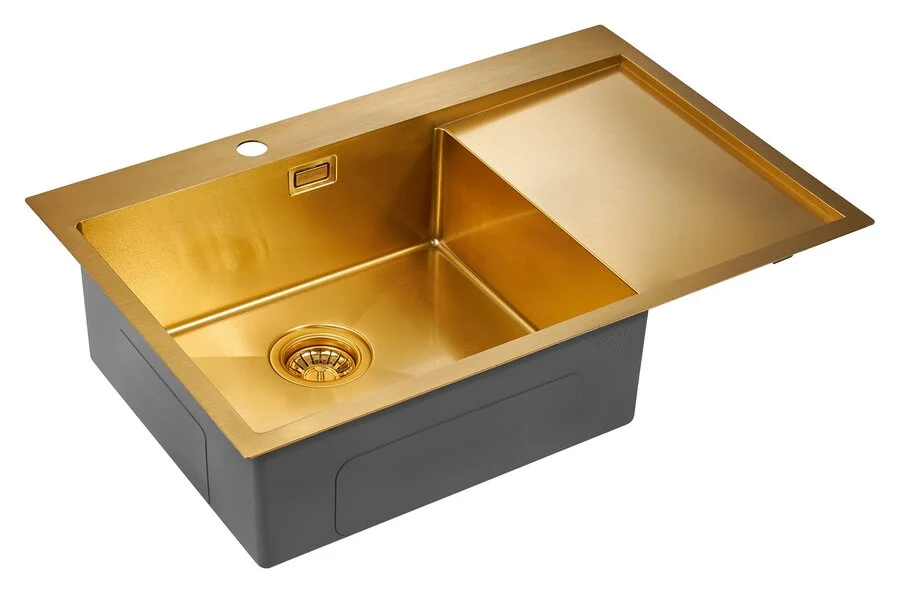 Мойка для кухни Paulmark Elde 78 см брашированное золото, левая PM807851-BGL (детальная фотография), из нержавеющей стали, стальные, металлические