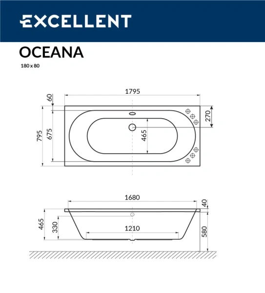 Ванна акриловая Excellent OCEANA 180 x 80, WAEX.OCE18WH (детальная фотография), современныe, hi-tech