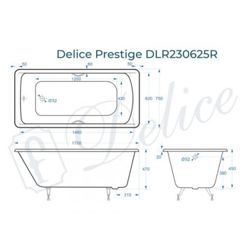 Ванна чугунная Delice Prestige 170х75 см белая DLR230625R (детальная фотография), без гидромассажа, большие
