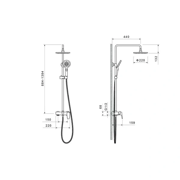 Душевая стойка Акватек Бетта черная матовая AQ2140MB (детальная фотография), современные, hi-tech