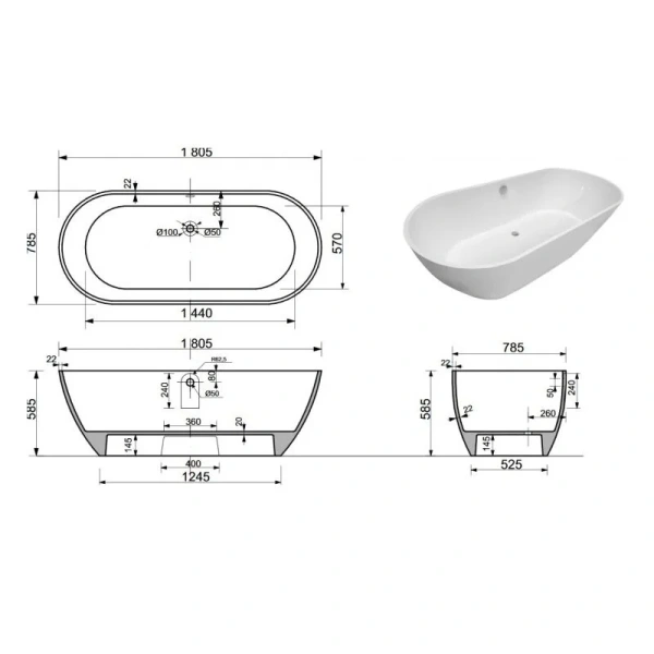 Ванна из искусственного мрамора Aquanet Family Stone AQ-00332888, 180 x 80 см, цвет белый (детальная фотография), искусственный камень